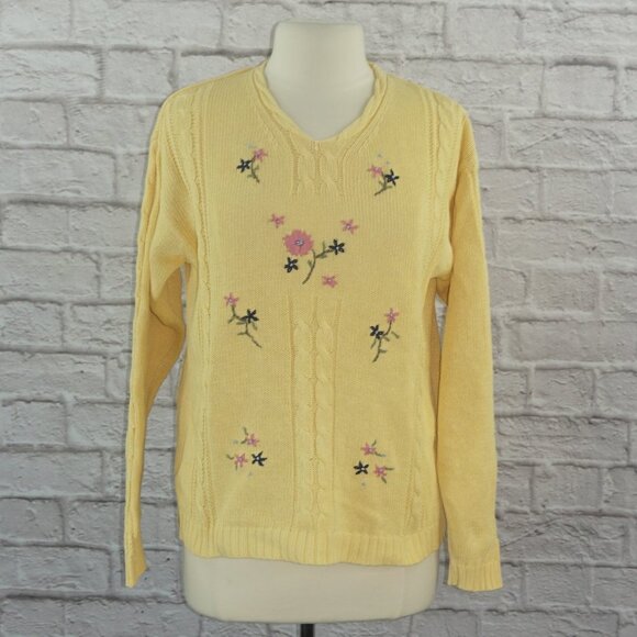 Vintage 80s Floral Embroidered Cotton Knit Sweater Medium - Picture 1 of 10